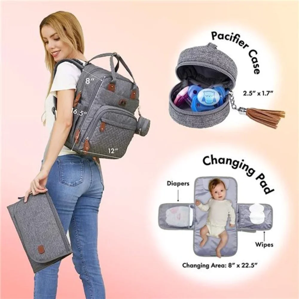 Unisex Polyester Diaper Backpack Daypack with Portable Changing Pad, Gray
